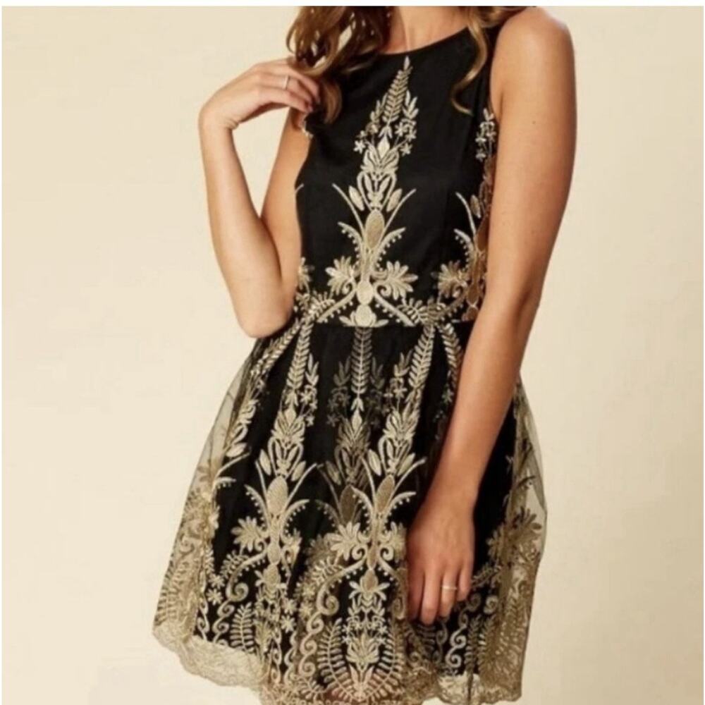 Altar'd State Embroidered Dress Women's Small Black Gold Floral Party Cocktail